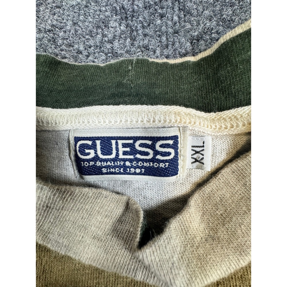 Vintage GUESS Jeans USA Striped Long Sleeve Shirt XXL Tan Green Embroidered Logo - Picture 5 of 7
